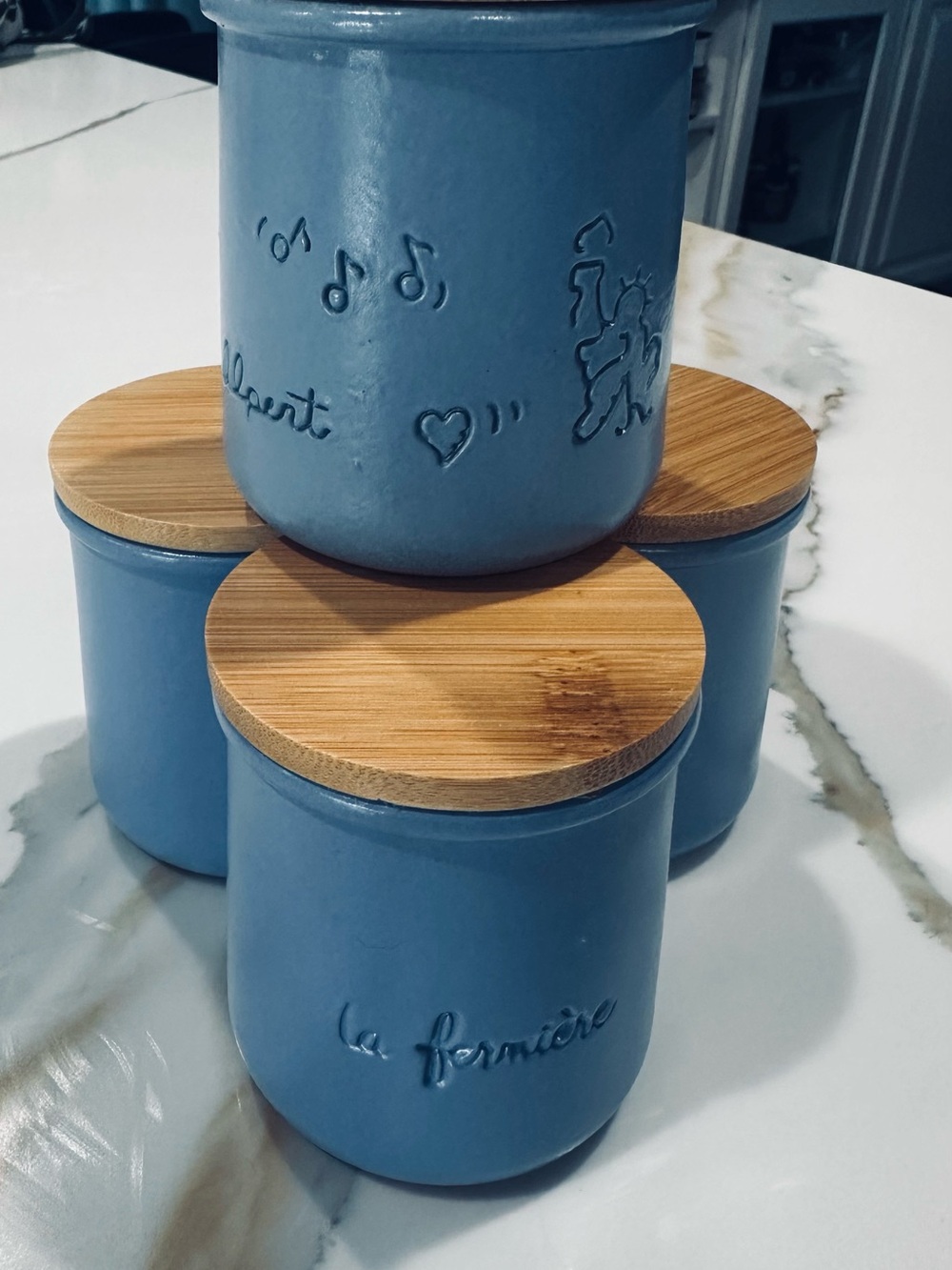 La Fermiere Periwinkle Terracota Yogurt Pots with Bamboo Lids